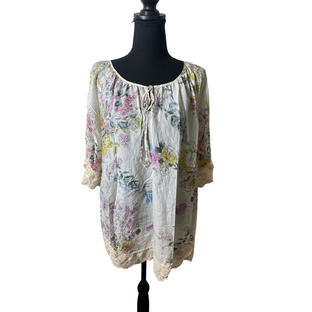Johnny Was Off-white Flowered Silk Tunic Blouse Sz L